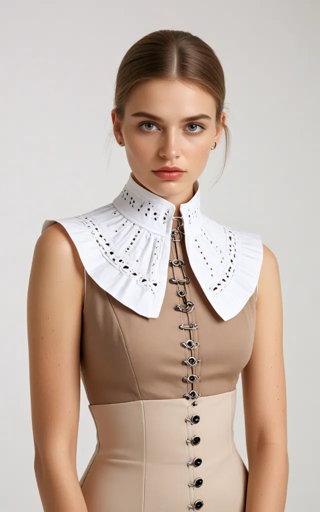 A European female model wearing a dress with a Hook   and   eye collar, white background, bust portrait